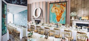 Collage of pictures from wedding reception at The Roost, with long tables in rooms with mismatching wallpaper and décor.